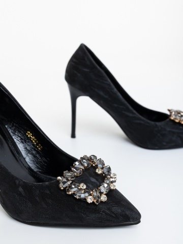 Pantofi dama cu toc negri din material textil Severa - Img 5