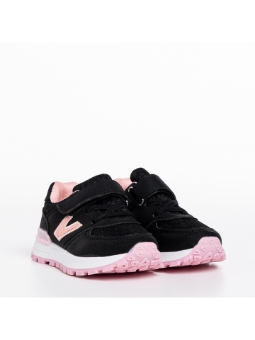 Pantofi sport copii negri cu roz din piele ecologica Rockie