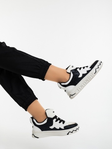 Pantofi sport dama alb cu negru din piele ecologica Manoma