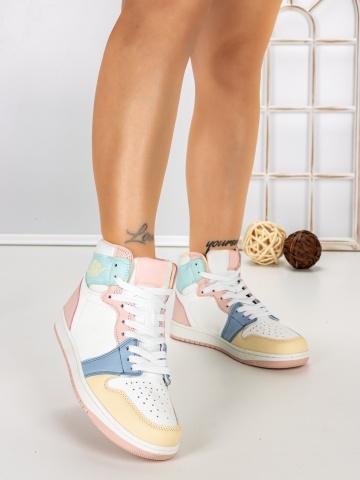 Pantofi sport dama albi cu roz si gri din piele ecologica si material textil Rosenia