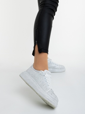 Pantofi sport dama albi din material textil cu aplicatii Dafara - Img 6
