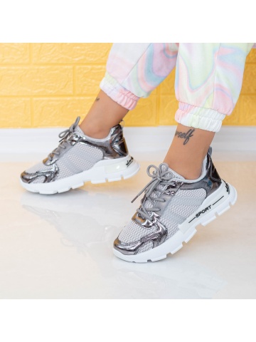 Pantofi sport dama gri din material textil si piele ecologica Cuzira