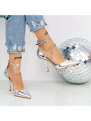 Pantofi stiletto argintii din piele ecologica lacuita Efbina - Img 3