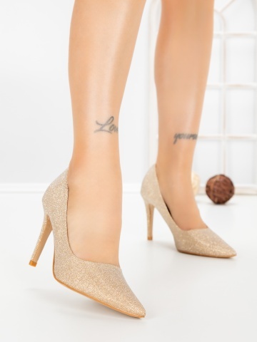Pantofi stiletto aurii din material textil Zamfira