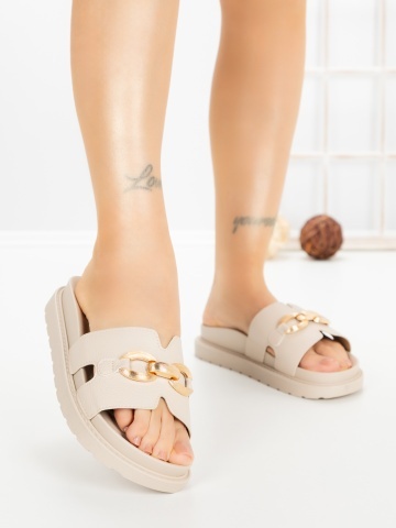 Papuci dama cu platforma bej din piele ecologica Loravia