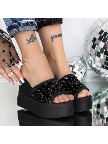 Papuci dama cu platforma negri din material textil Leonora