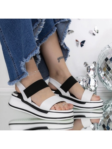 Sandale dama cu platforma albe din material textil si piele ecologica Sangrina