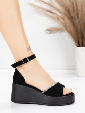 Sandale dama cu platforma negre din material textil Fazren - Img 5