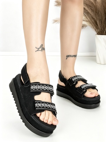 Sandale dama cu platforma negre din piele ecologica si material textil Renalia