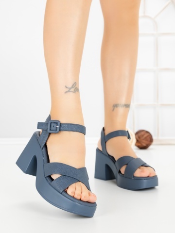 Sandale dama cu toc gros si platforma albastre din piele ecologica Roselia