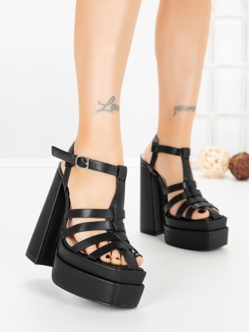 Sandale dama cu toc gros si platforma negre din piele ecologica Holissa