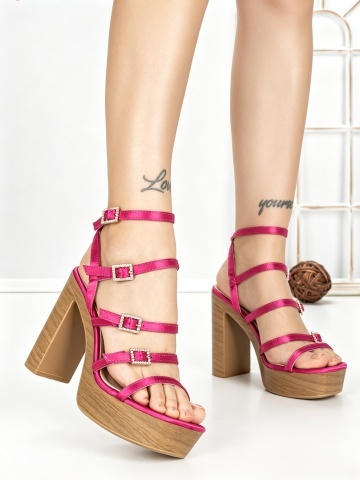 Sandale dama cu toc gros si platforma roz din material textil Dorenique