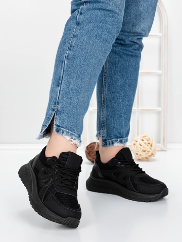 Sneakers dama negri din material textil si piele ecologica Brawria