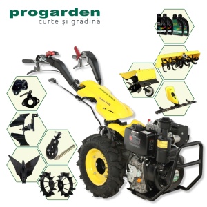 ProGARDEN Pachet Campo U12E Motocultor 12CP + BC120M Bara cosire + 3xPlug + FT90 Freza tractata + 2xRoti metalice RM47 + 4L Ulei