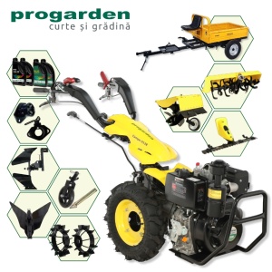 ProGARDEN Pachet Campo U12E Motocultor 12CP + RM500C Remorca 500Kg + BC120M Bara cosire + 3xPlug + FT90 Freza tractata + 2xRoti metalice RM47 + 4L Ulei