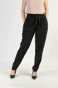 Elegantne crne pantalone visokog struka sa pojasom - Img 2