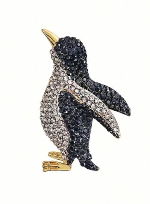 Brosa vintage in forma de Pinguin Imperial, decorata cu pietre, accesoriu rafinat, culoarea negru si alb - Img 1