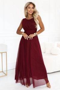 AVELINE Rochie maxi lungă din tul cu sclipici și decolteu rotund - bordo