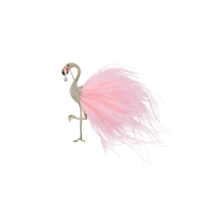 Brosa model Flamingo cu pene si strasuri, 7 x 8.8 cm, culoarea roz si auriu