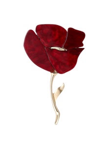 Brosa vintage din rasina acril model floare Mac, 7.5 x 4.6 cm, culoarea rosu burgundy - Img 2