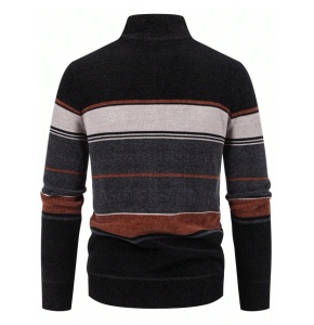 Cardigan pentru barbati captusit, cu fermoar, model in dungi, culoarea negru gri maro - Img 3