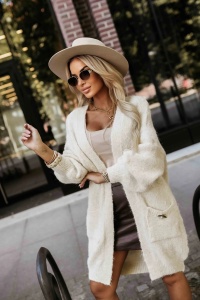 Cardigan supradimensionat la modă, cu broșă decorativă și buzunare practice - bej - Img 4