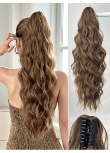 Coada de par extensie ponytail, par ondulat, cu sistem de prindere tip cleste, 61 cm, culoarea maro - Img 2