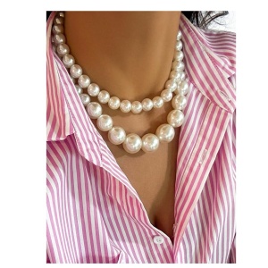 Colier choker cu doua randuri de perle faux, diametru 35+7 cm, culoarea alb - Img 4