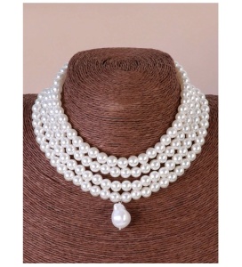 Colier choker din perle albe faux pentru femei, model la baza gatului cu pandantiv perla, model B, culoarea alb - Img 6