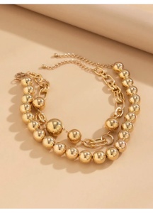 Colier statement pentru femei, cu margele metalice aurii si lant decorativ, accesoriu fashion, 37+7 cm, auriu - Img 5