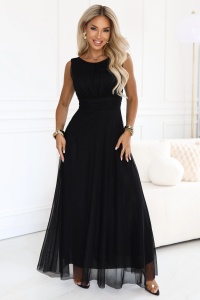 ELIRA Rochie maxi lungă din tul cu decolteu rotund - negru