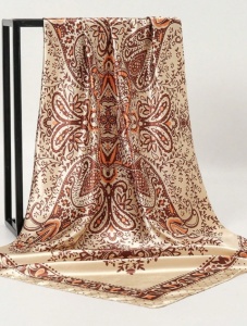 Esarfa dama satin 90x90 cm, imprimeu floral culoare caisa, esarfa patrata mare, bandana par / batic elegant, textura matasoasa, accesoriu versatil - Img 3