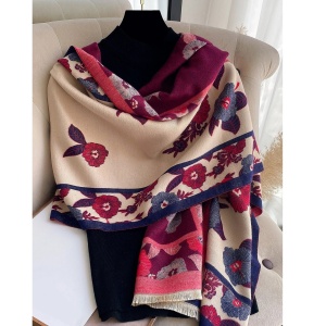 Esarfa lunga tip sal pentru dama din materiale premium, model floral crini, culoarea bej si mov - Img 3