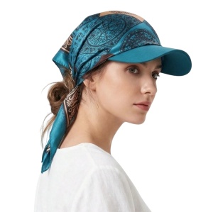 Esarfa-sapca dama stil boem, imprimeu leopard/paisley din satin, bor larg, albastru kingfisher