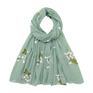 Esarfa subtire din materiale premium, model cu flori cusute, culoarea verde menta