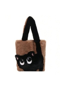Geanta de umar din blana ecologica, model Pisica neagra cu ochi mari, dimensiuni 30x30 cm, culoarea bej, theCasius.®