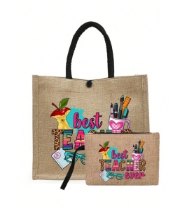 Geanta tote din material de in cu portofel, model Best Teacher Ever, 34 x 14 x 31 cm, bej