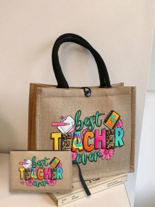 Geanta tote din material de in cu portofel, model Best Teacher varianta B, 31 x 34 x 14 cm, culoarea bej - Img 6
