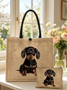 Geanta tote din material de in cu portofel, model Catel, 30x34x11 cm, bej - Img 3