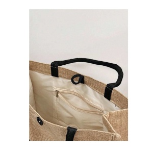 Geanta tote din material de in cu portofel, model Fata cu buchet mare de flori roz, 34x30x17.5 cm - Img 6