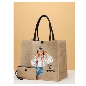 Geanta tote din material de in cu portofel, model Fata cu pahar, 34x31x15x15 cm, culoarea bej - Img 2