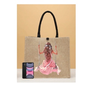 Geanta tote din material de in cu portofel, model Fata in legan, 34x30x17.5 cm, culoarea bej - Img 3
