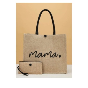 Geanta tote din material de in cu portofel, model Mama, 30x34x15x14 cm, culoarea bej - Img 2