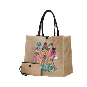 Geanta tote din material de in cu portofel, model Nails Tech, 30 x 34 x 17.5 cm, culoarea bej, culoarea bej