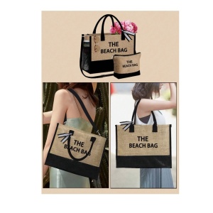 Geanta tote din material de in cu portofel, model The Beach Bag, 41.5x13x31.5 cm, culoarea bej - Img 3