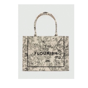 Geanta tote, material exterior textil, design floral vintage Flourish, 41x15x32 cm, culoarea bej gri - Img 3