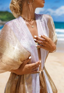 Kimono de plaja cu franjuri si cordon in talie, culoarea auriu si alb, marime universala - Img 2