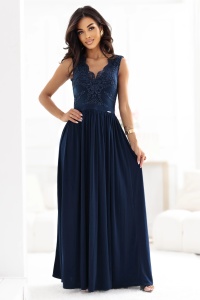 LEA Rochie maxi lungă și elegantă cu top din dantelă și crăpătură pe picior - bleumarin