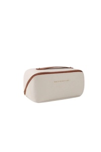 Organizator cosmetice de mare capacitate pentru articole de toaleta pentru femei, potrivita pentru calatorie, dimensiuni 23.5x10x17 cm, culoarea alb si margini maro, The Casius.®