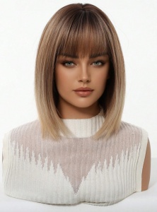 Peruca bob cu breton, lungime 30 cm, culoarea blond deschis suvitat cu radacinile inchise - Img 5